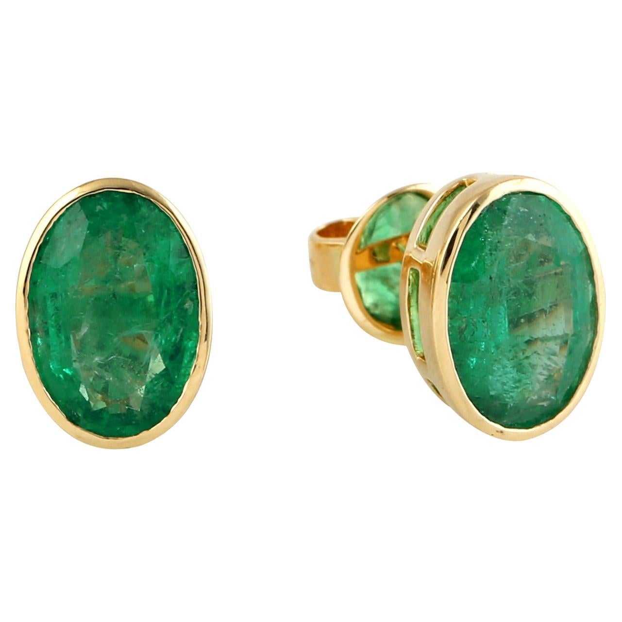 Oval Shaped Emerald Studs Made In 18k Yellow Gold