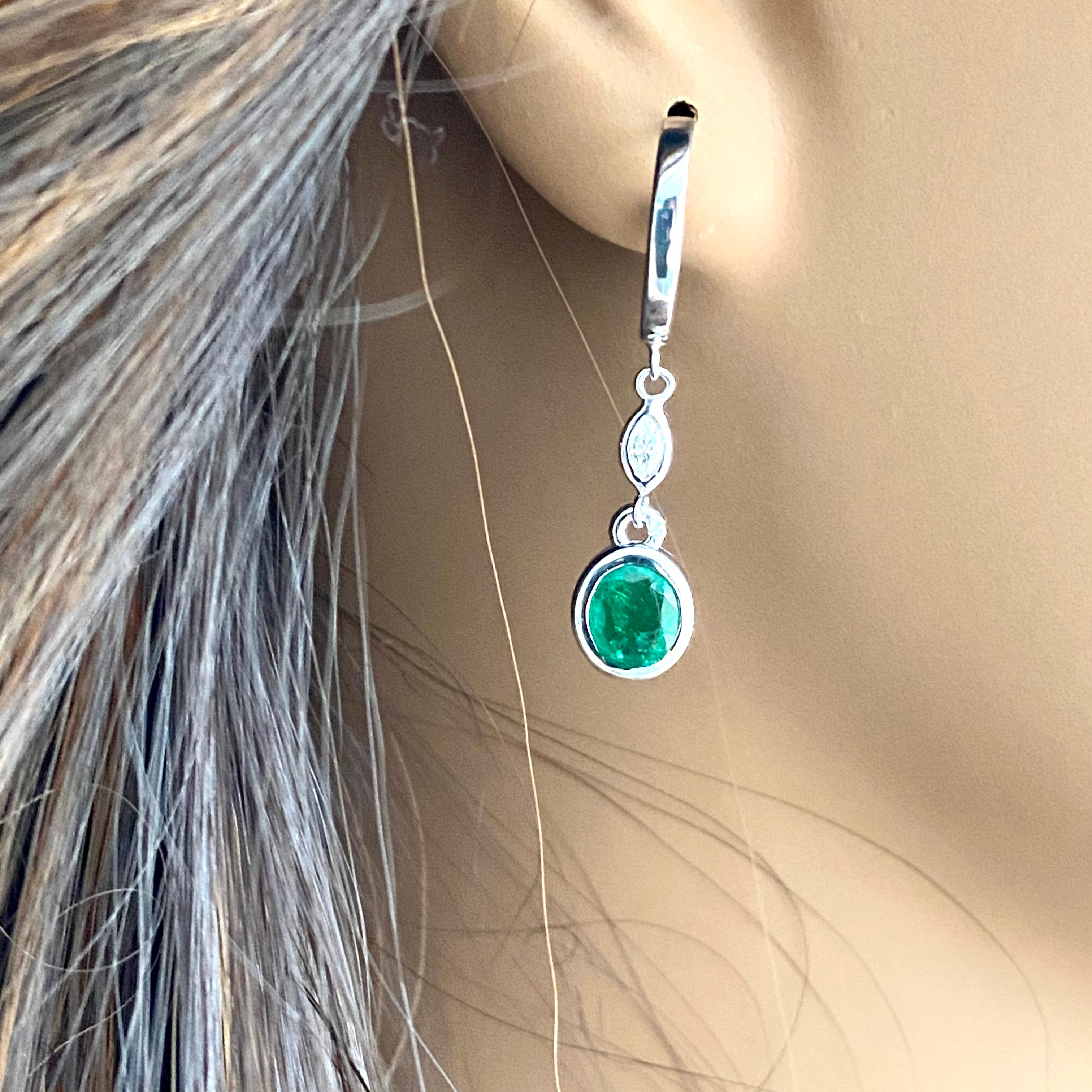 Contemporary Oval Shaped Emeralds and Marquise Diamonds White Gold Dangle Hoop Earrings 