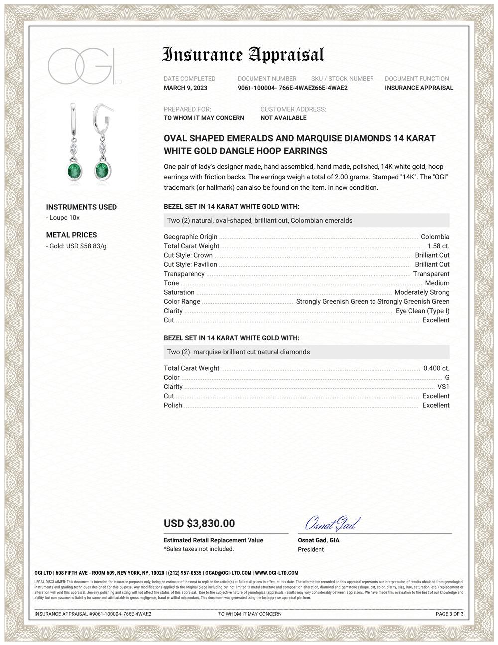 Fourteen karat white gold contemporary drop earrings 
Two marquise diamond weighing 0.40 carats elegantly creating sparkle and shine to the drop earrings
Two oval shaped emeralds weighing 1.58 carat 
Fine quality emeralds with the natural color hue