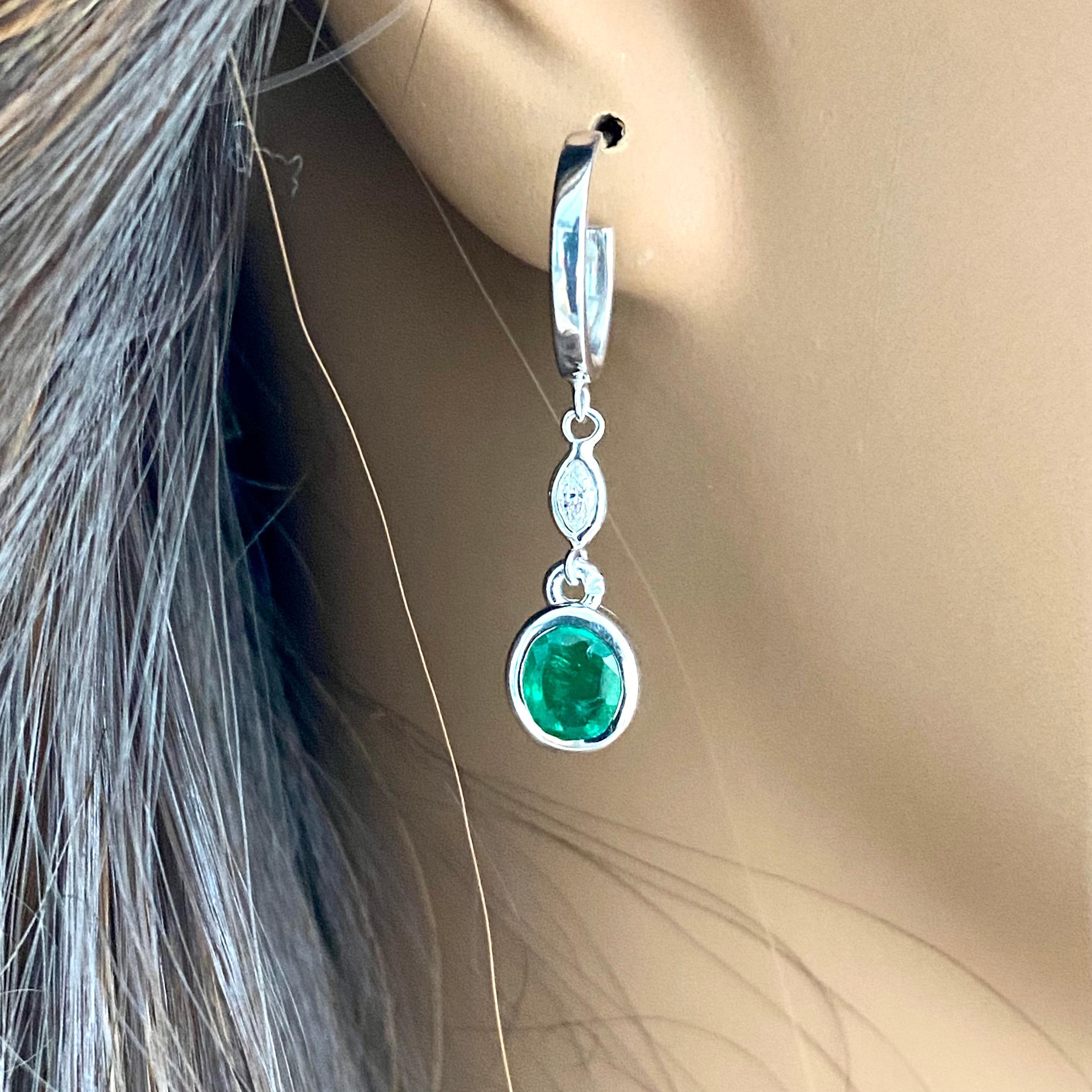 Oval Cut Oval Shaped Emeralds and Marquise Diamonds White Gold Dangle Hoop Earrings 