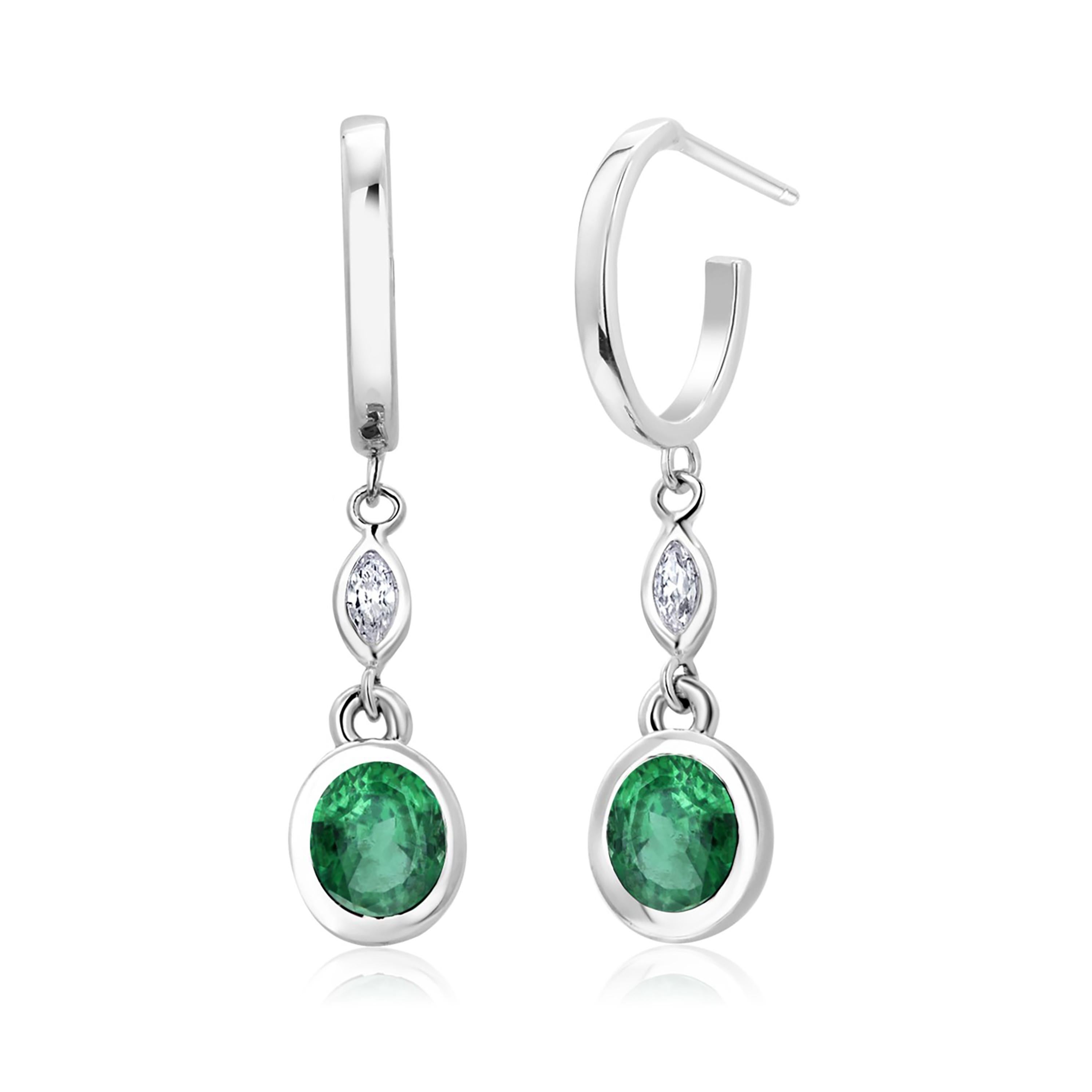 Oval Shaped Emeralds and Marquise Diamonds White Gold Dangle Hoop Earrings  In New Condition In New York, NY