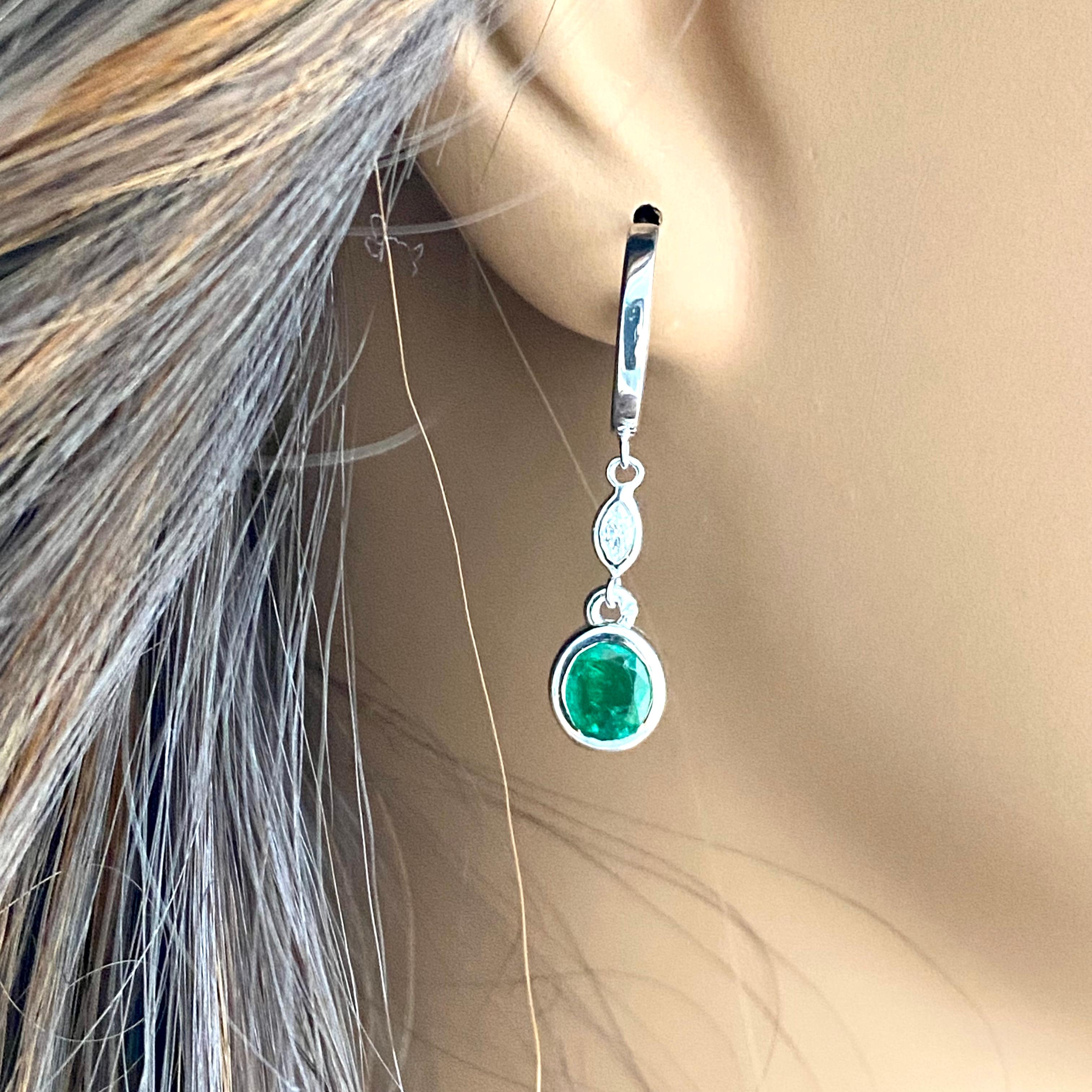 Oval Shaped Emeralds and Marquise Diamonds White Gold Dangle Hoop Earrings  1
