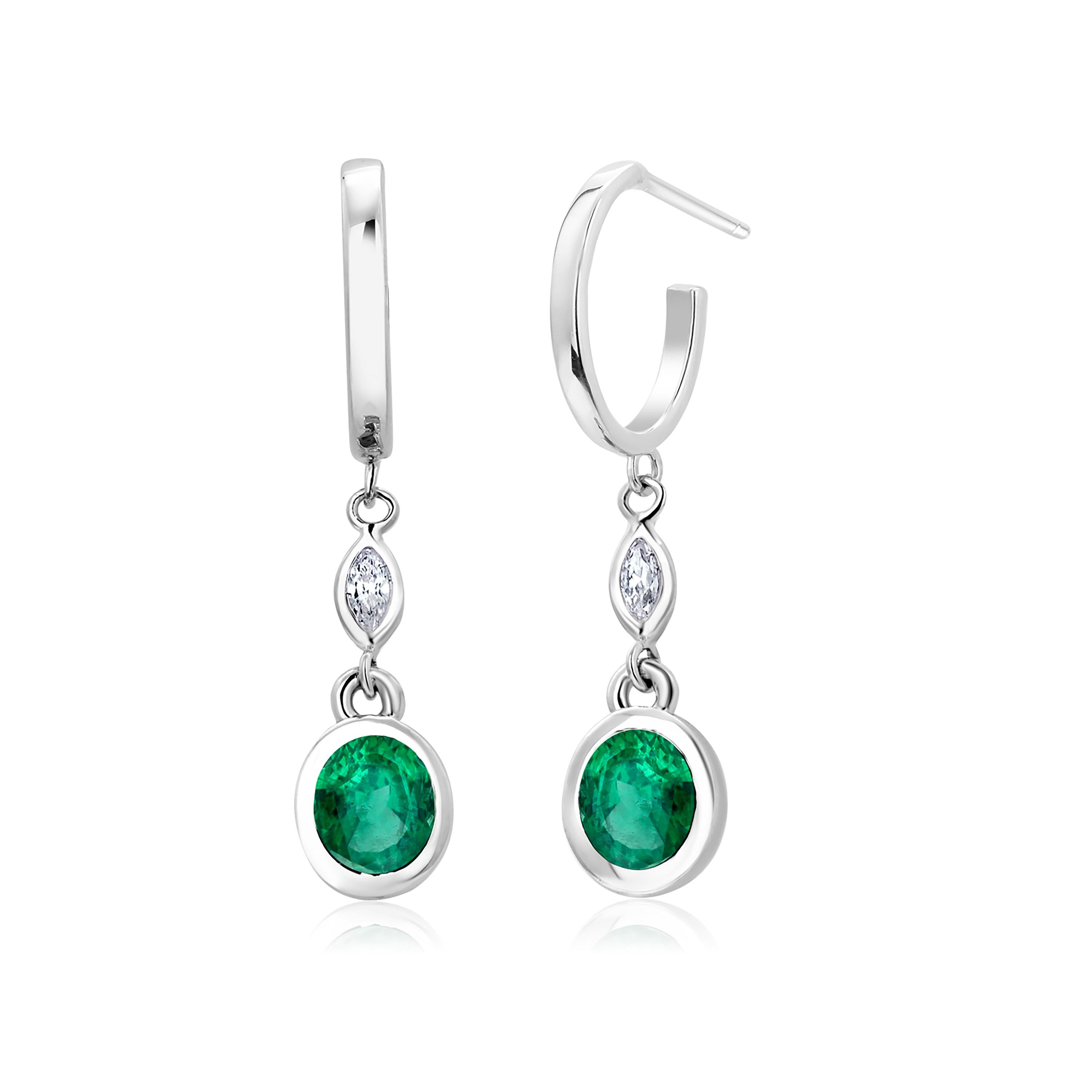 Oval Shaped Emeralds and Marquise Diamonds White Gold Dangle Hoop Earrings  2