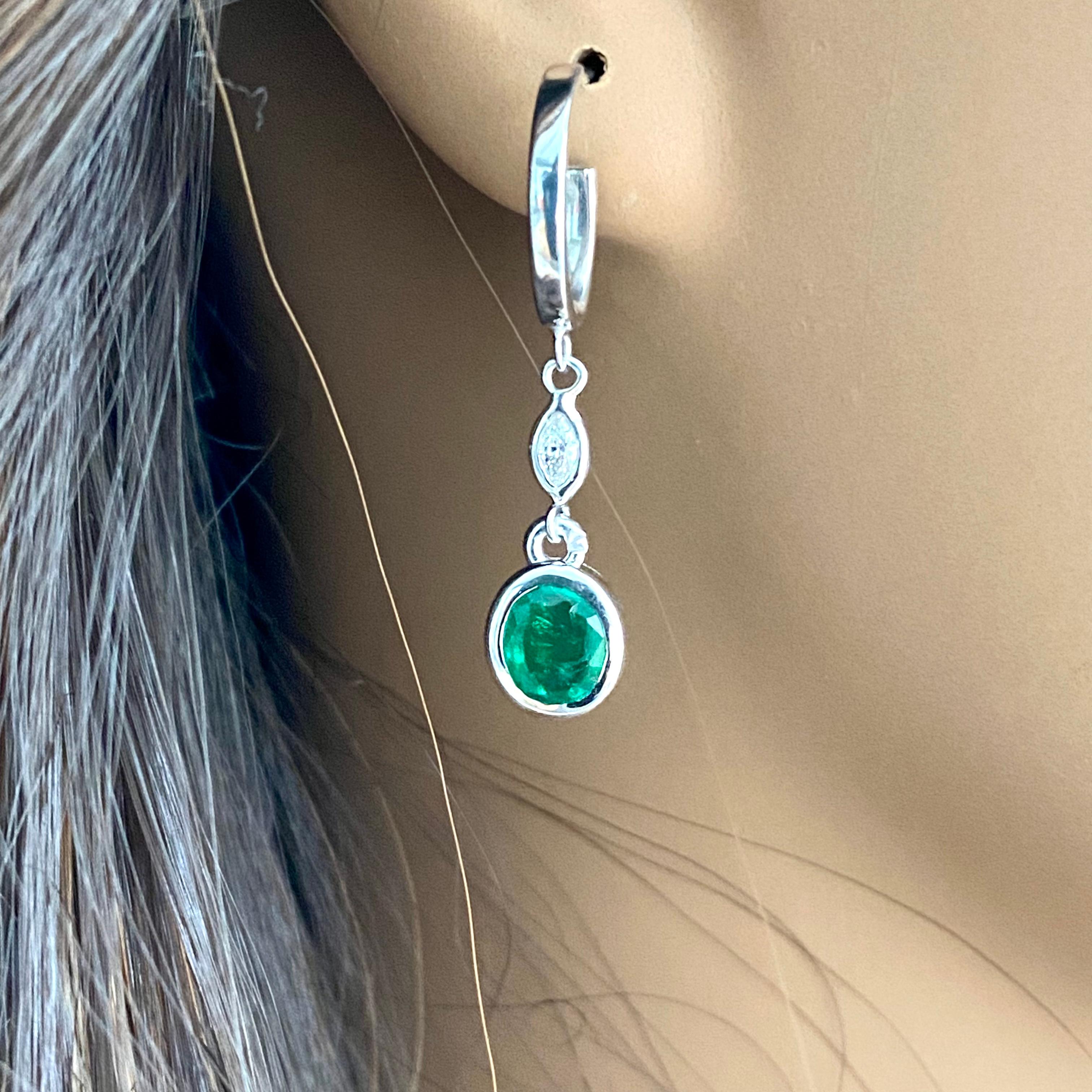 Oval Shaped Emeralds and Marquise Diamonds White Gold Dangle Hoop Earrings  3
