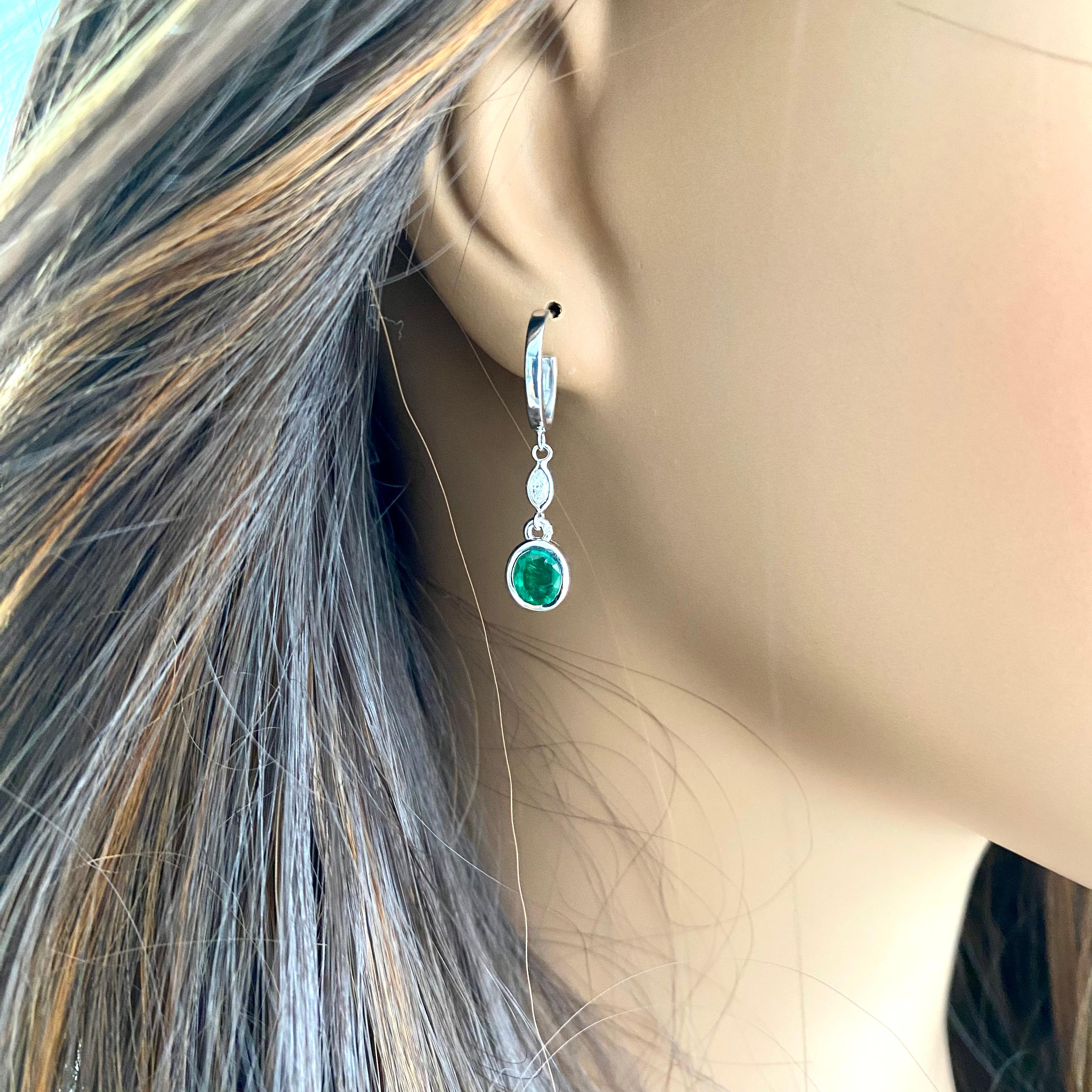 Oval Shaped Emeralds and Marquise Diamonds White Gold Dangle Hoop Earrings  4