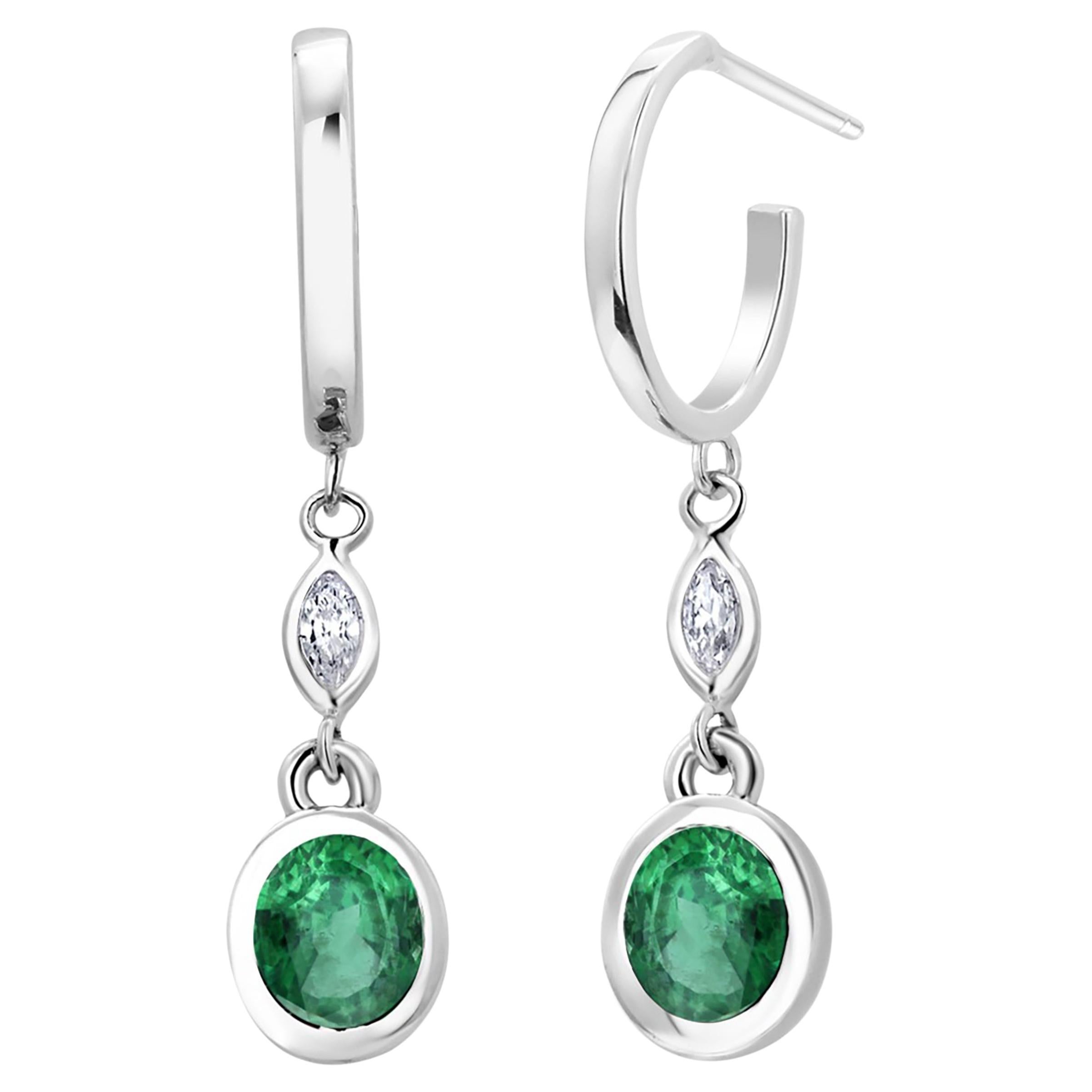 Oval Shaped Emeralds and Marquise Diamonds White Gold Dangle Hoop Earrings 