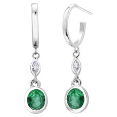 Oval Shaped Emeralds and Marquise Diamonds White Gold Dangle Hoop Earrings 