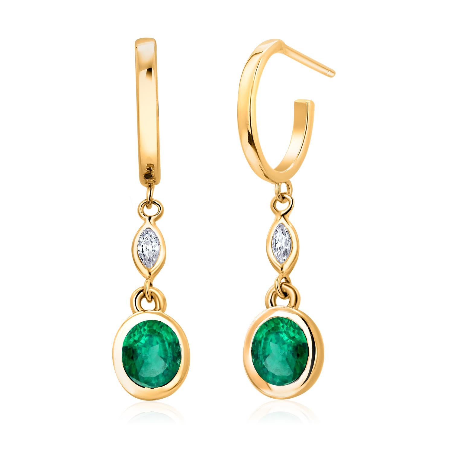 Oval Emeralds Marquise Diamond 2 Carat Yellow Gold 1.25 Inch Long Hoop Earrings  For Sale 5