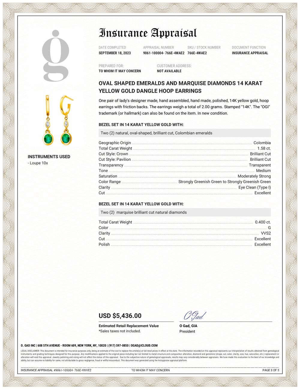 Introducing our exquisite Oval Shaped Emeralds, weighing 1.60 Carats, and Marquise Diamonds, weighing 0.40 Carats, 14 Karat Yellow Gold Dangle Hoop Earrings, a true masterpiece that embodies elegance, sophistication, and timeless beauty. Crafted
