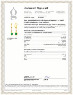 Oval Emeralds Marquise Diamond 2 Carat Yellow Gold 1.25 Inch Long Hoop Earrings