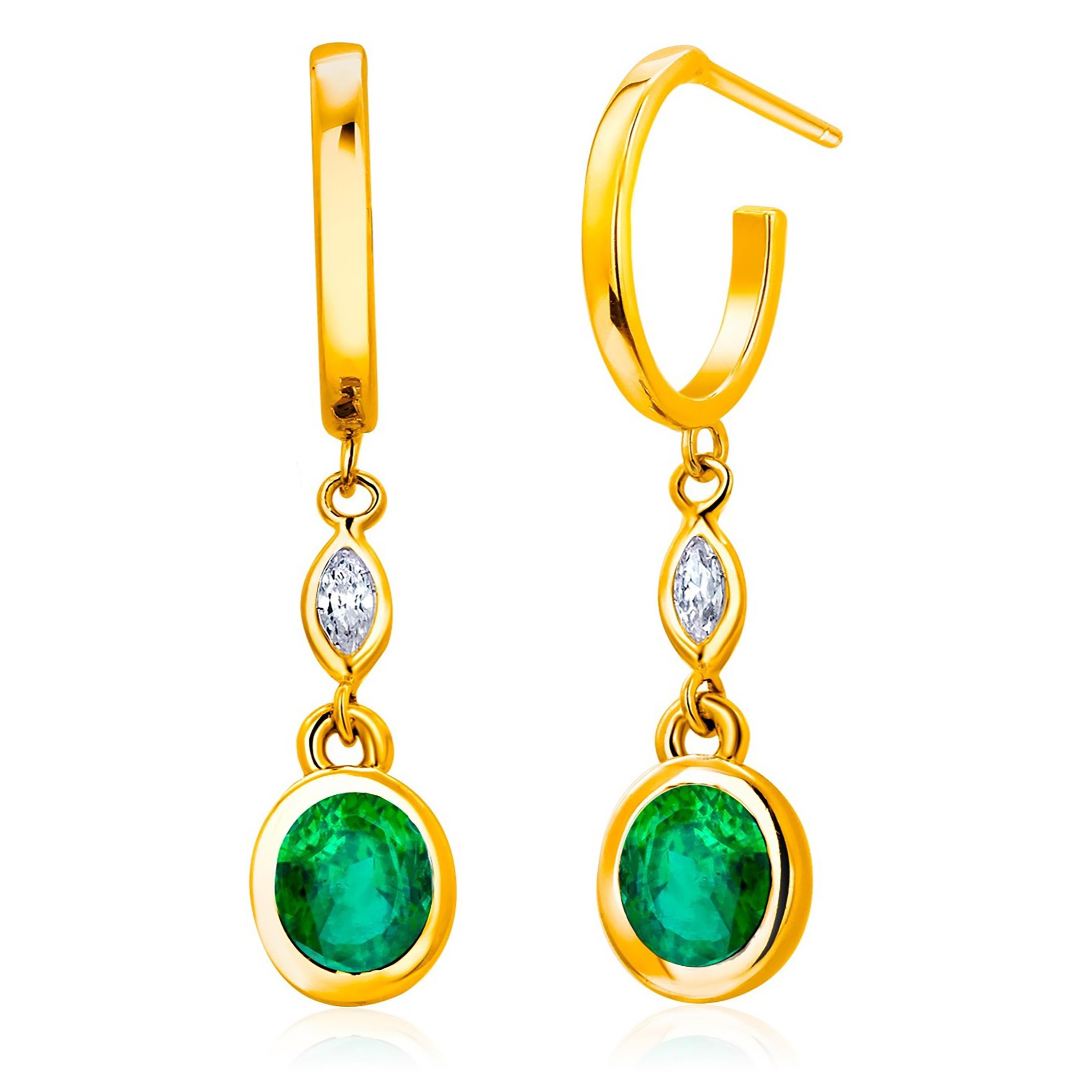 Women's or Men's Oval Emeralds Marquise Diamond 2 Carat Yellow Gold 1.25 Inch Long Hoop Earrings  For Sale