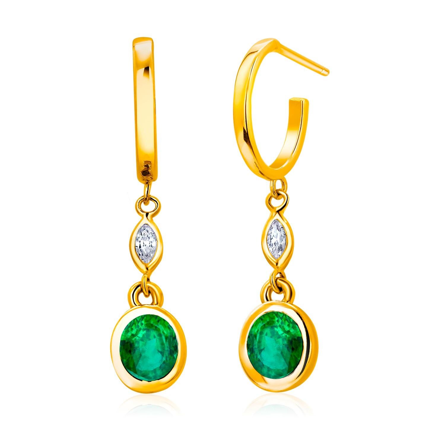 Oval Emeralds Marquise Diamond 2 Carat Yellow Gold 1.25 Inch Long Hoop Earrings  For Sale 3
