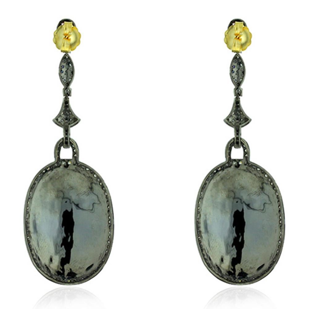 Artisan Oval Shaped Enamel Dangle Earring with Diamonds Made in 18k Yellow Gold & Silver For Sale