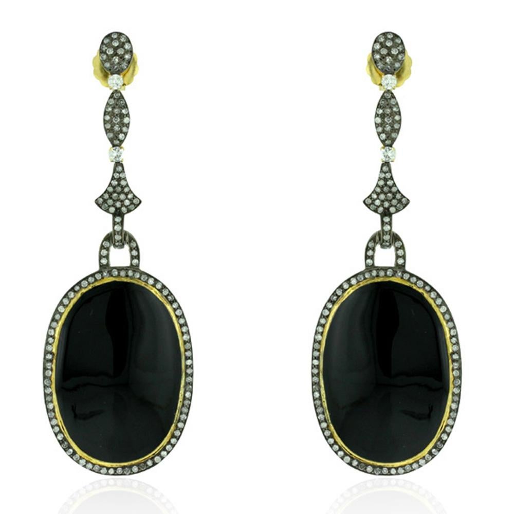 Mixed Cut Oval Shaped Enamel Dangle Earring with Diamonds Made in 18k Yellow Gold & Silver For Sale