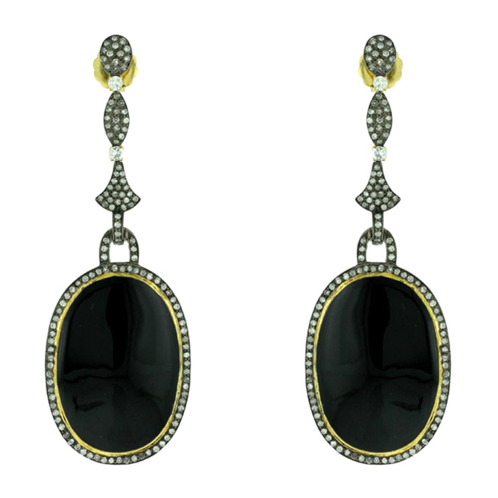 Ovaler Emaille-Ohrring mit Diamanten aus 18 Karat Gelbgold und Silber