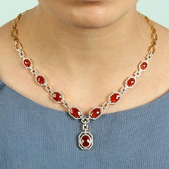 Oval Shaped Fire Opal Chain Necklace With Pave Diamonds In 18k Yellow Gold