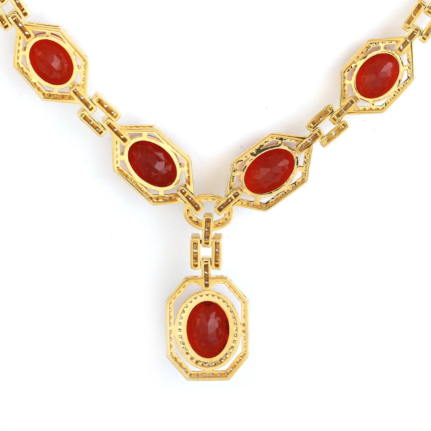 Artisan Oval Shaped Fire Opal Chain Necklace With Pave Diamonds In 18k Yellow Gold For Sale