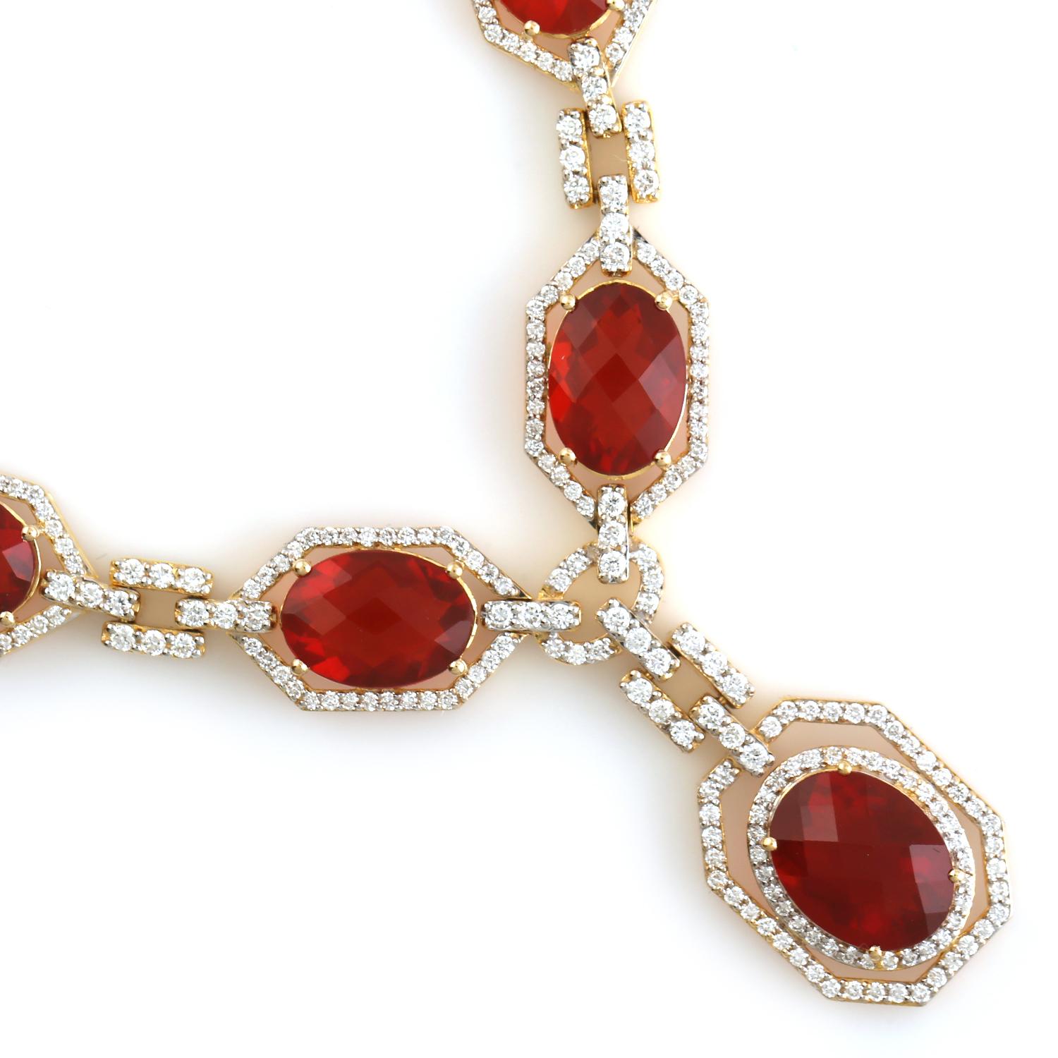 Mixed Cut Oval Shaped Fire Opal Chain Necklace With Pave Diamonds In 18k Yellow Gold For Sale