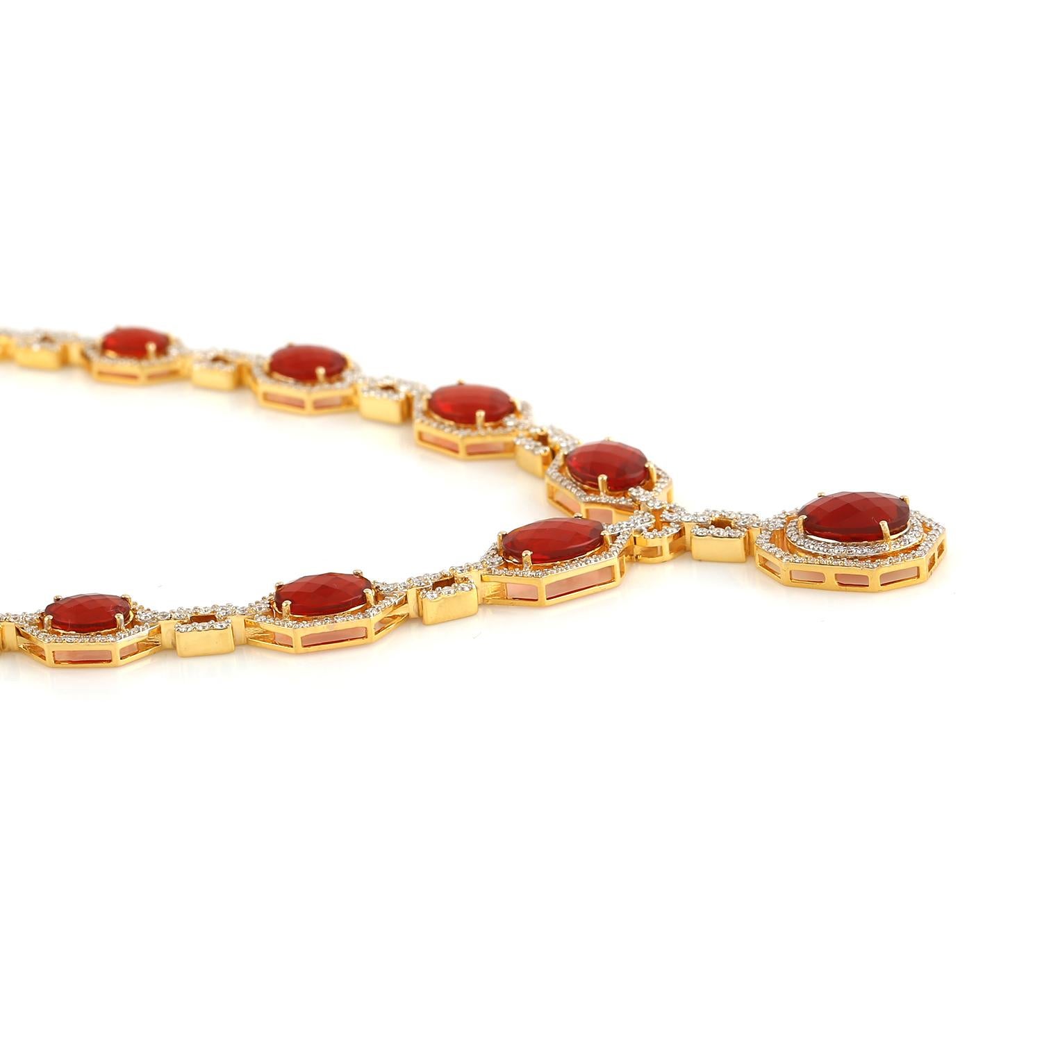 Oval Shaped Fire Opal Chain Necklace With Pave Diamonds In 18k Yellow Gold In New Condition For Sale In New York, NY