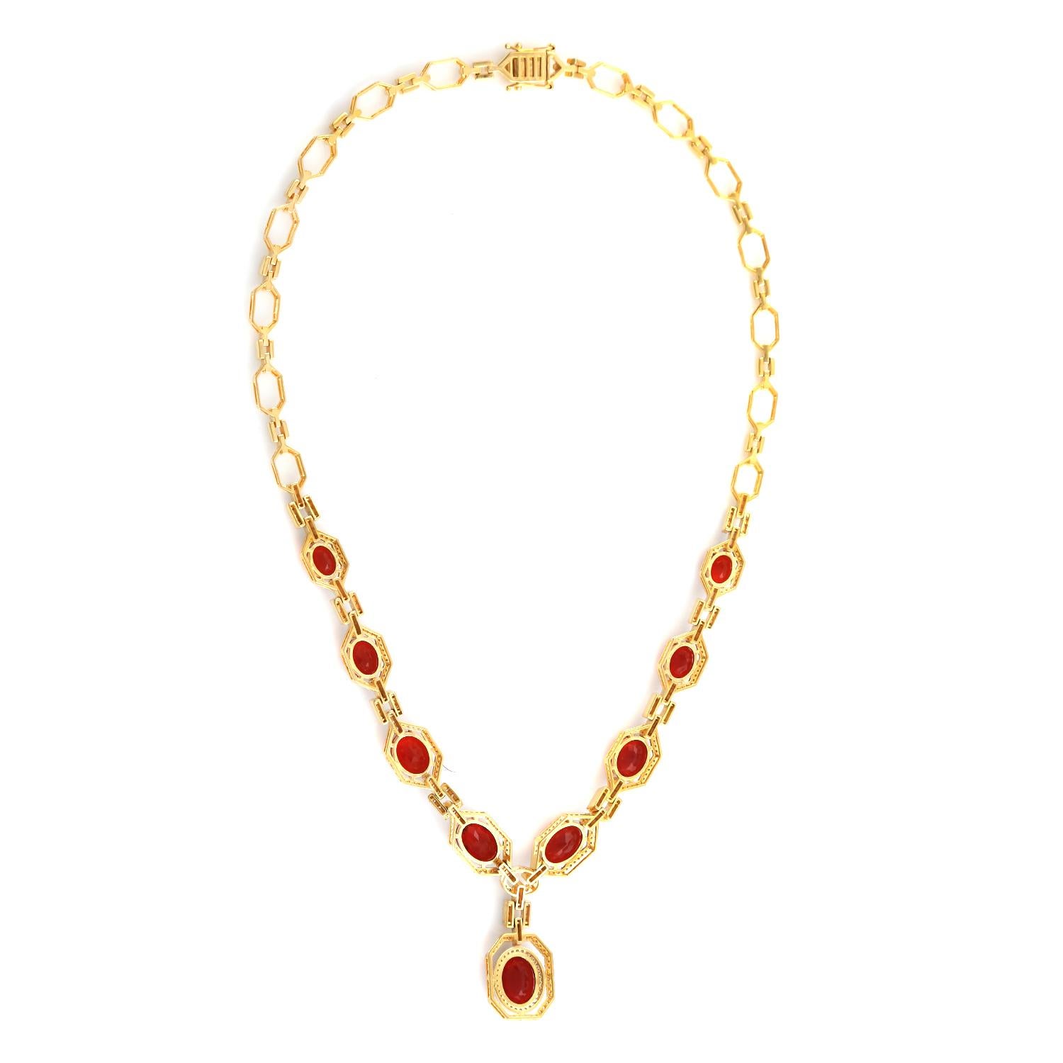 Women's Oval Shaped Fire Opal Chain Necklace With Pave Diamonds In 18k Yellow Gold For Sale