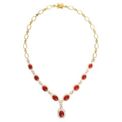 Oval Shaped Fire Opal Chain Necklace With Pave Diamonds In 18k Yellow Gold