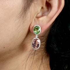 Oval Shaped Mint & Pink Tourmaline Dangle Earrings With Diamonds In 18k Gold
