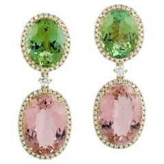 Oval geformte grüne & rosa Turmalin-Ohrringe mit Diamanten aus 18 Karat Gold