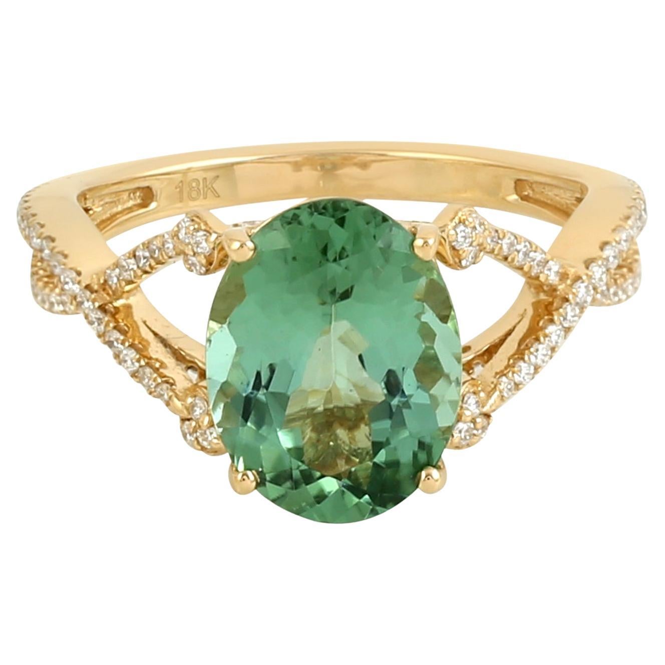 Oval Shaped Mint Tourmaline Ring With Diamonds Made In 18k Yellow Gold