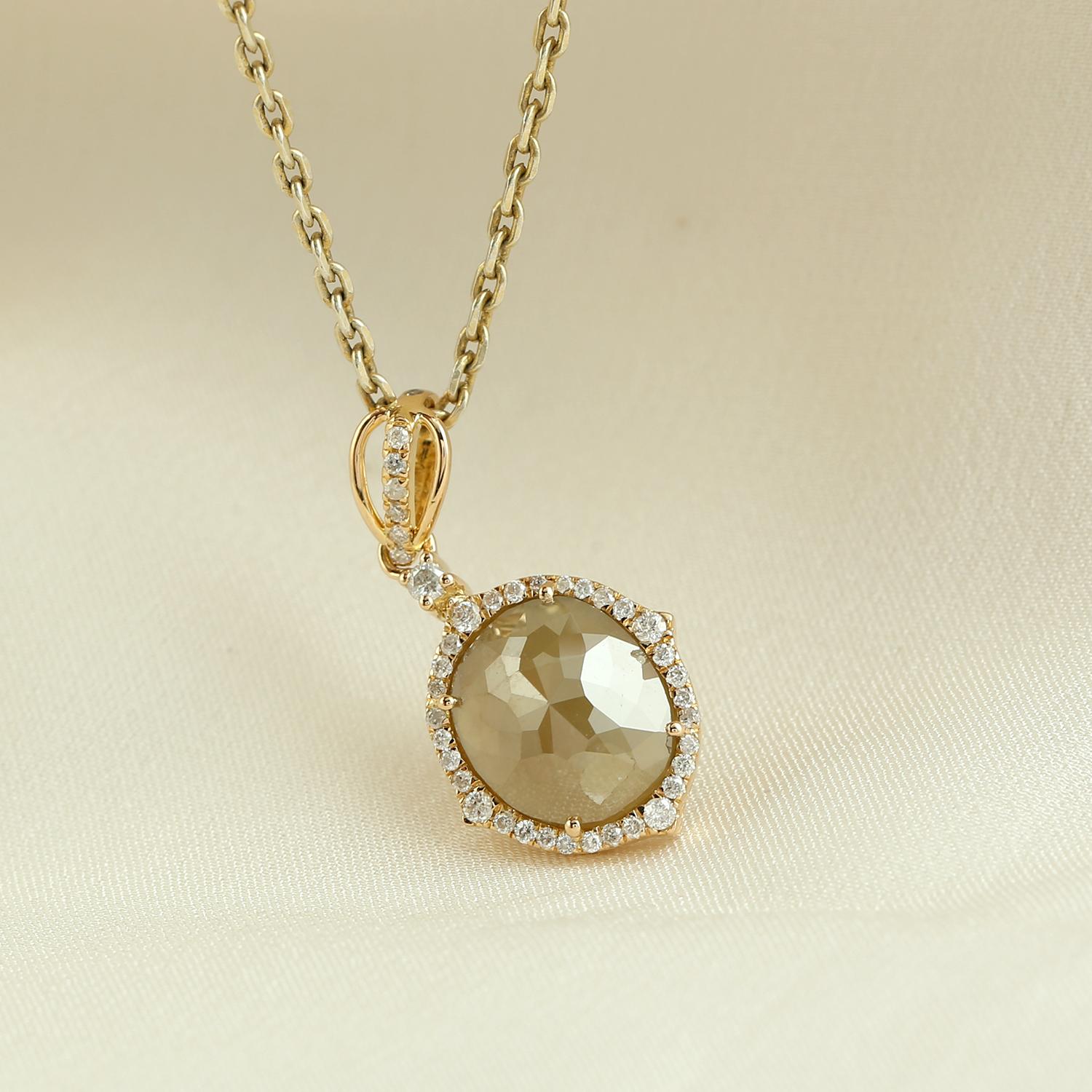 Artisan Pendentif en or jaune 18k avec diamant de glace de forme ovale en vente