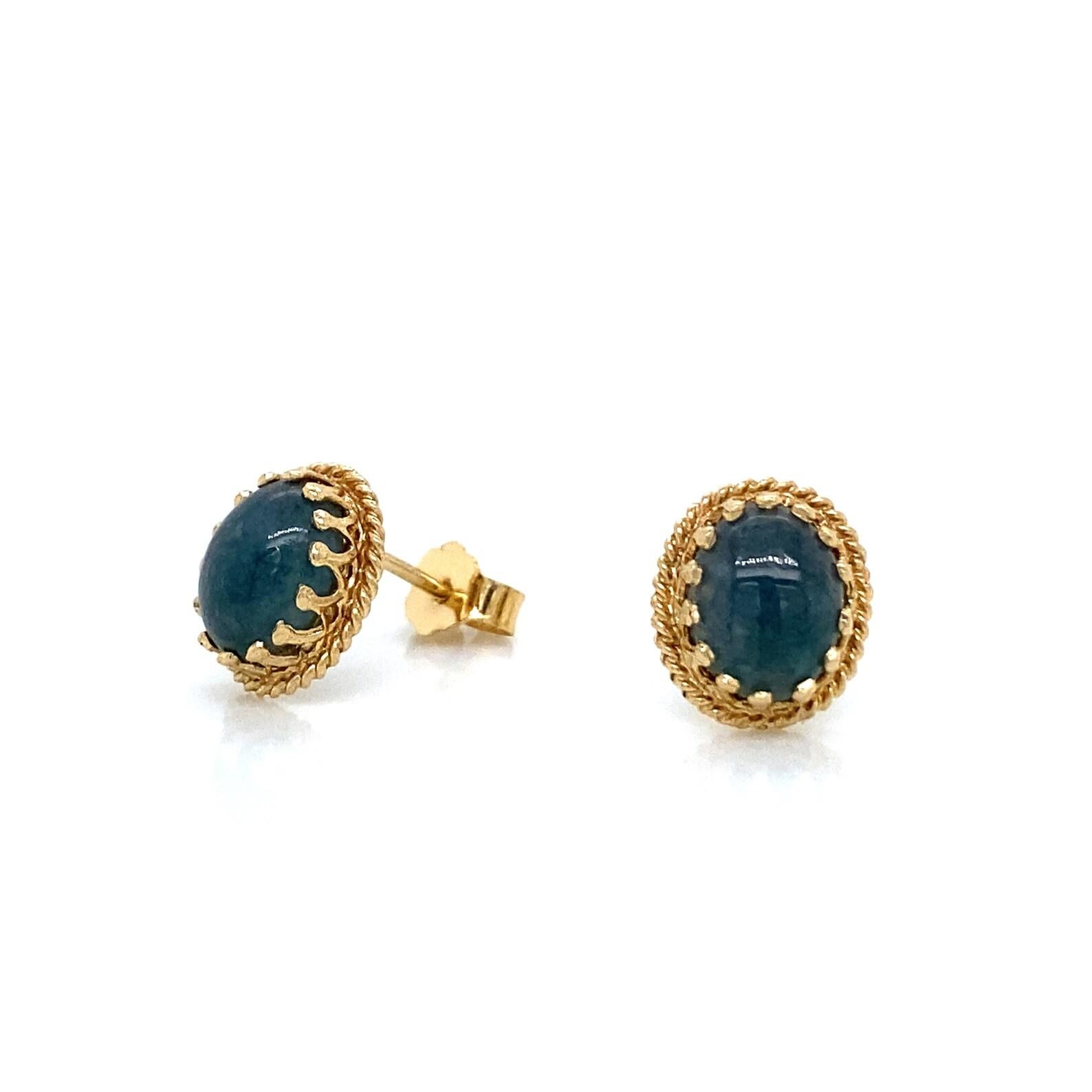 Crafted in 14K Yellow Gold with Jade stones.

These gorgeous vintage jade earrings have been inspected by our jewelers for quality and authenticity. They are ready to wear. Free expedited shipping within the continental US makes our clearance