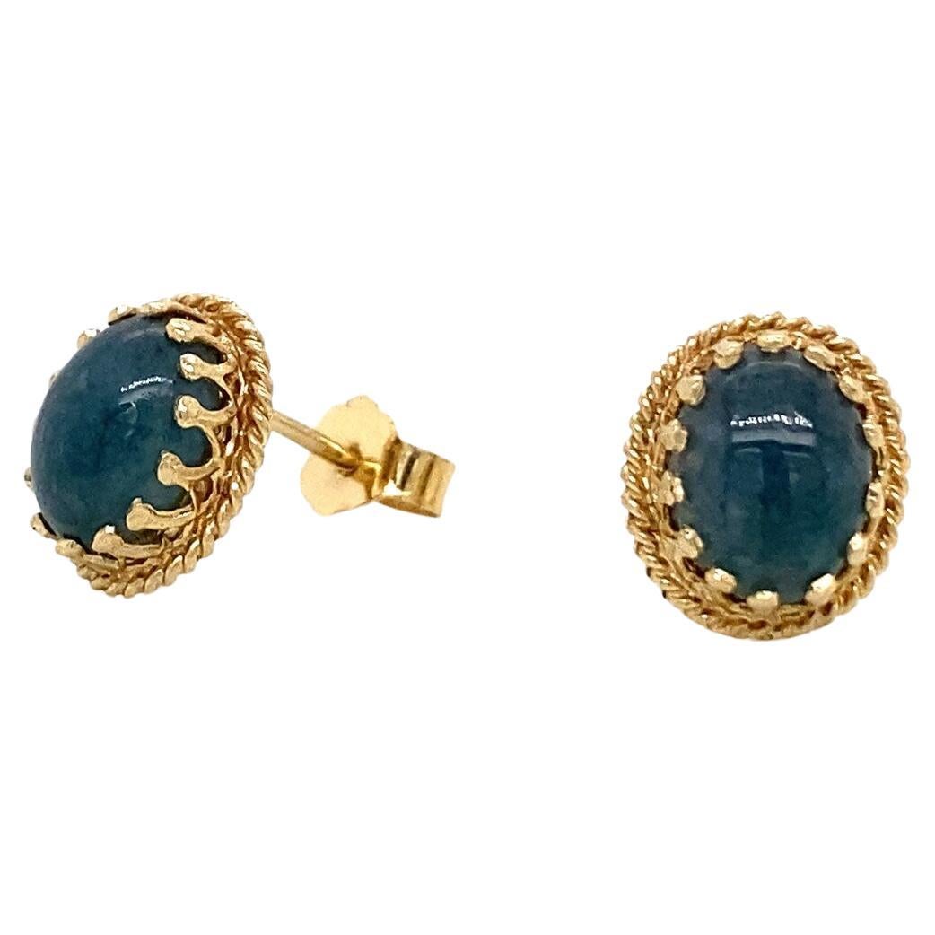Oval Shaped Jade Earrings in 14K Yellow Gold, Unique Vintage Push Back Earrings For Sale