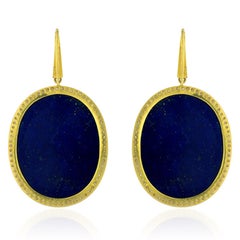 Oval Shaped Lapis Dangle Earrings Accented With Pave Diamonds In 18k Yellow Gold