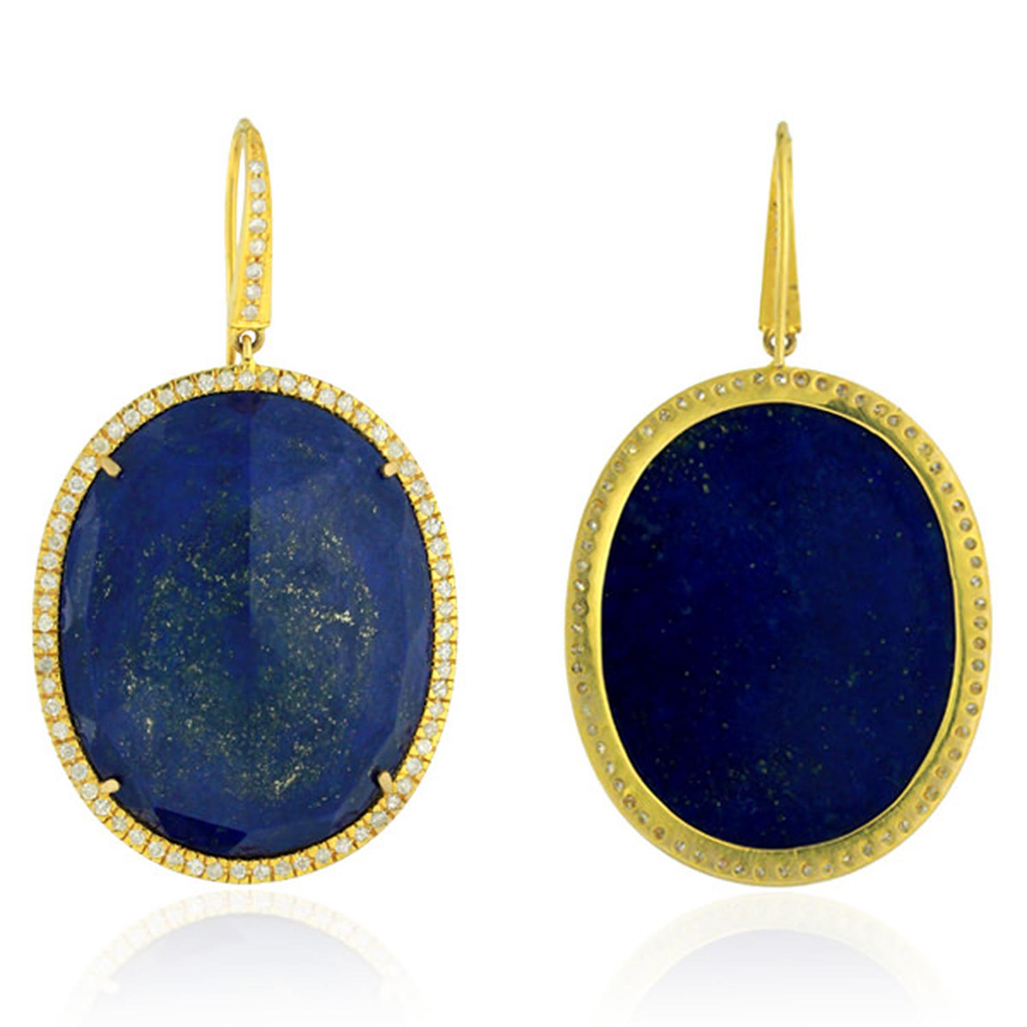 Artisan Oval Shaped Lapis Dangle Earrings Accented With Pave Diamonds In 18k Yellow Gold For Sale