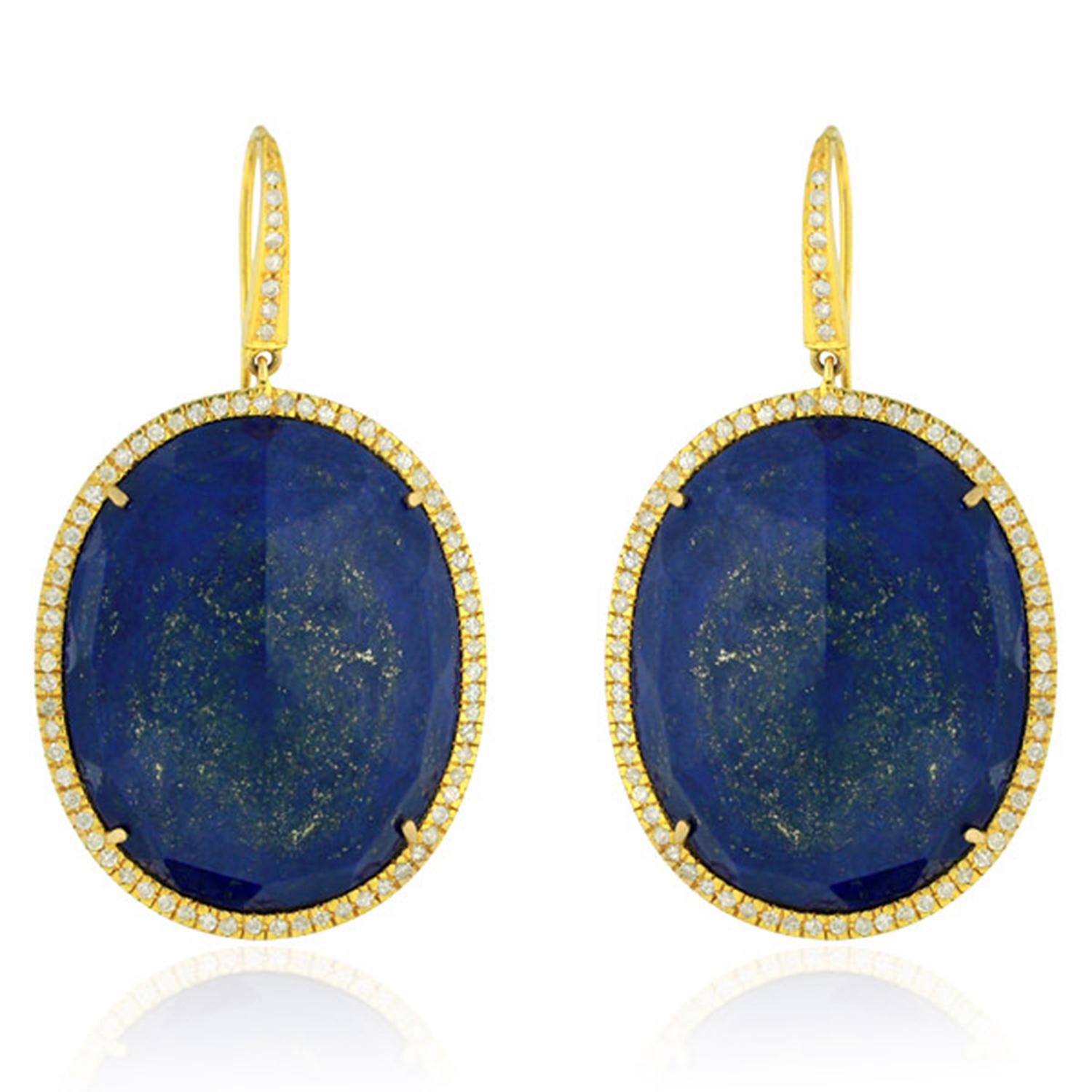 Mixed Cut Oval Shaped Lapis Dangle Earrings Accented With Pave Diamonds In 18k Yellow Gold For Sale
