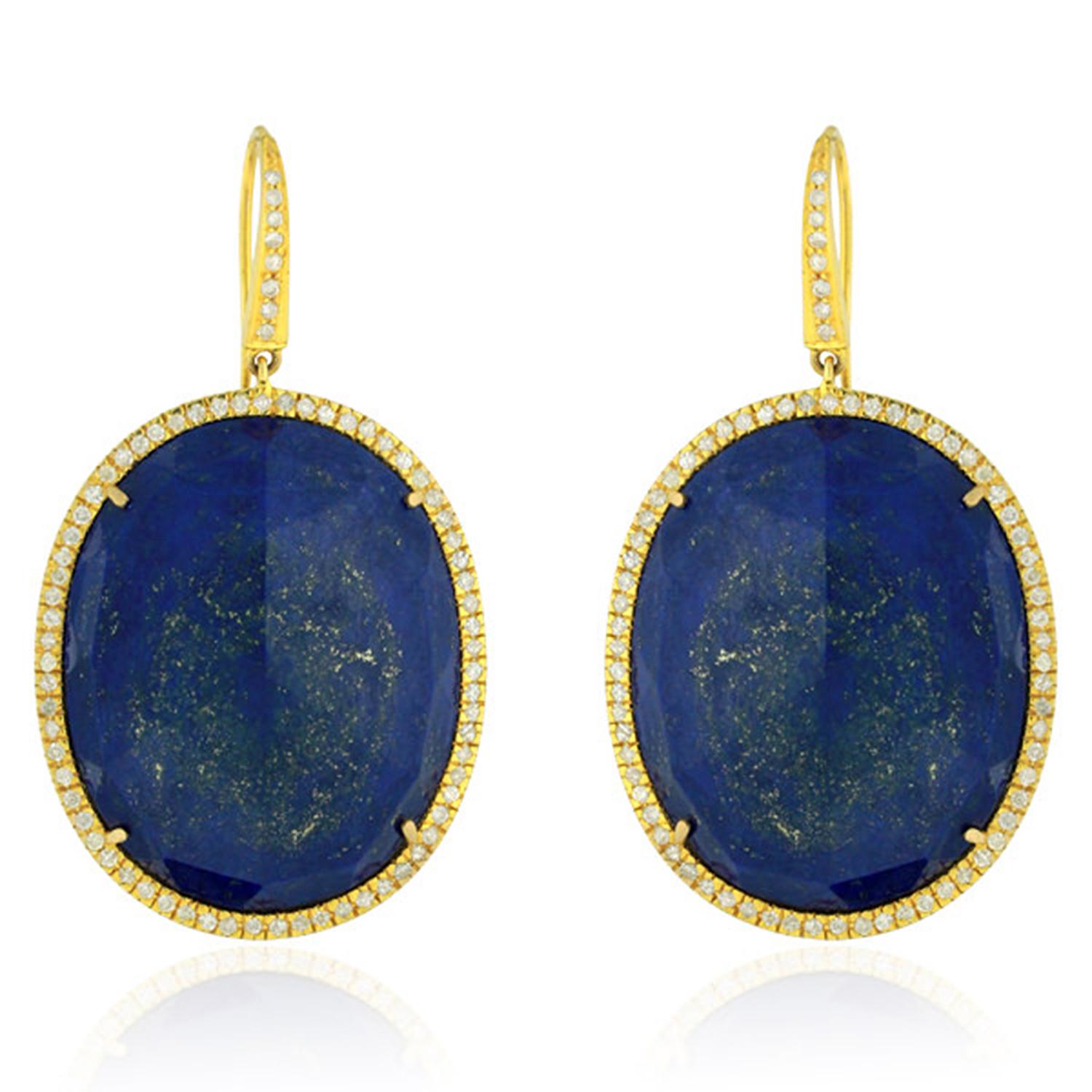 Taglio misto Orecchini penzolanti di lapis a forma ovale con pavé di diamanti in oro giallo 18 ct. in vendita