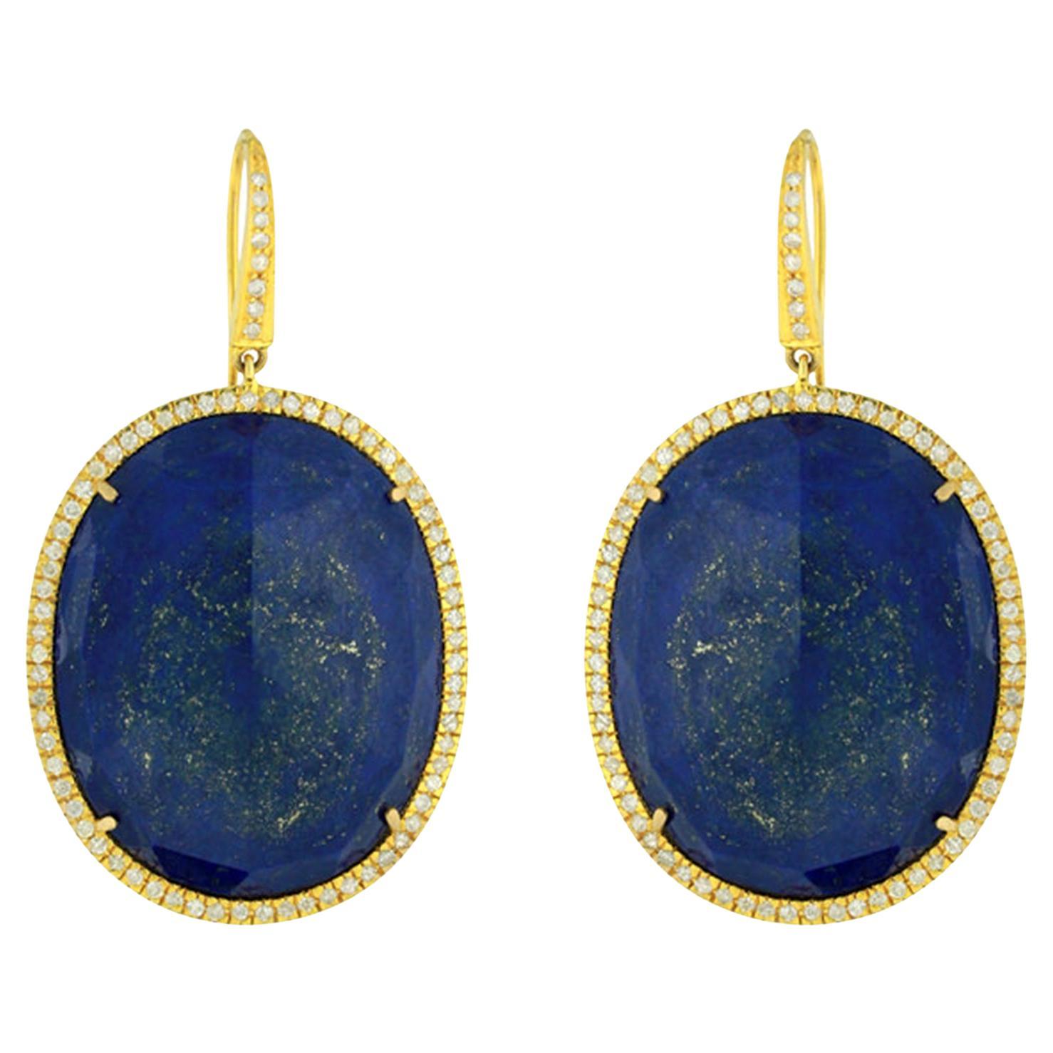 Oval Shaped Lapis Dangle Earrings Accented With Pave Diamonds In 18k Yellow Gold For Sale
