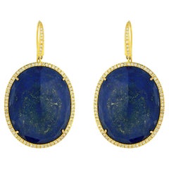 Oval Shaped Lapis Dangle Earrings Accented With Pave Diamonds In 18k Yellow Gold