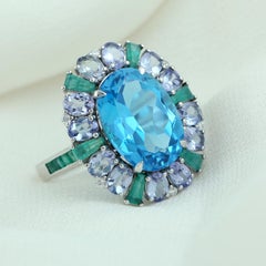 Oval Shaped London Blue Topaz Ring With Multi Gemstones & Diamonds