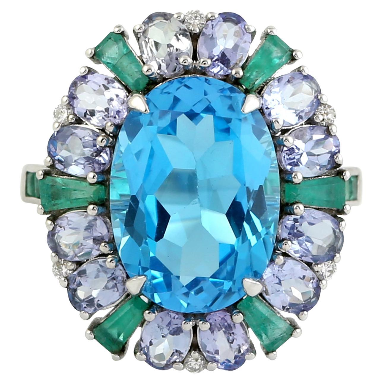 Oval Shaped London Blue Topaz Ring With Multi Gemstones & Diamonds