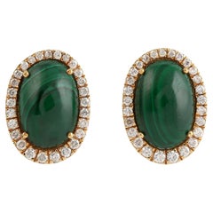 Boucles d'oreilles minimales en malachite de forme ovale rehaussées de diamants en or jaune 18 carats
