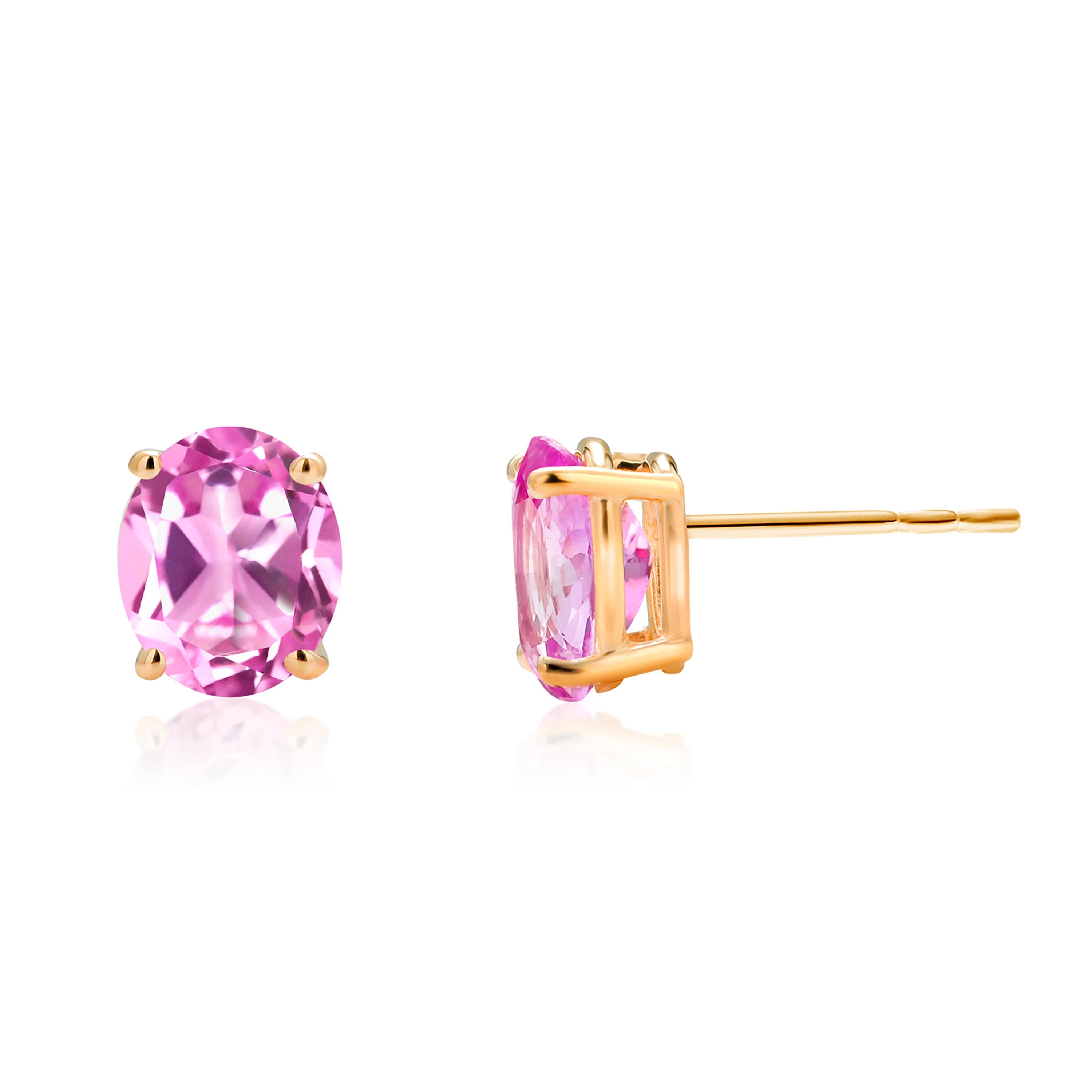Oval Shaped Mini Ceylon Pink Sapphires Set in Yellow Gold Stud Earrings In New Condition For Sale In New York, NY
