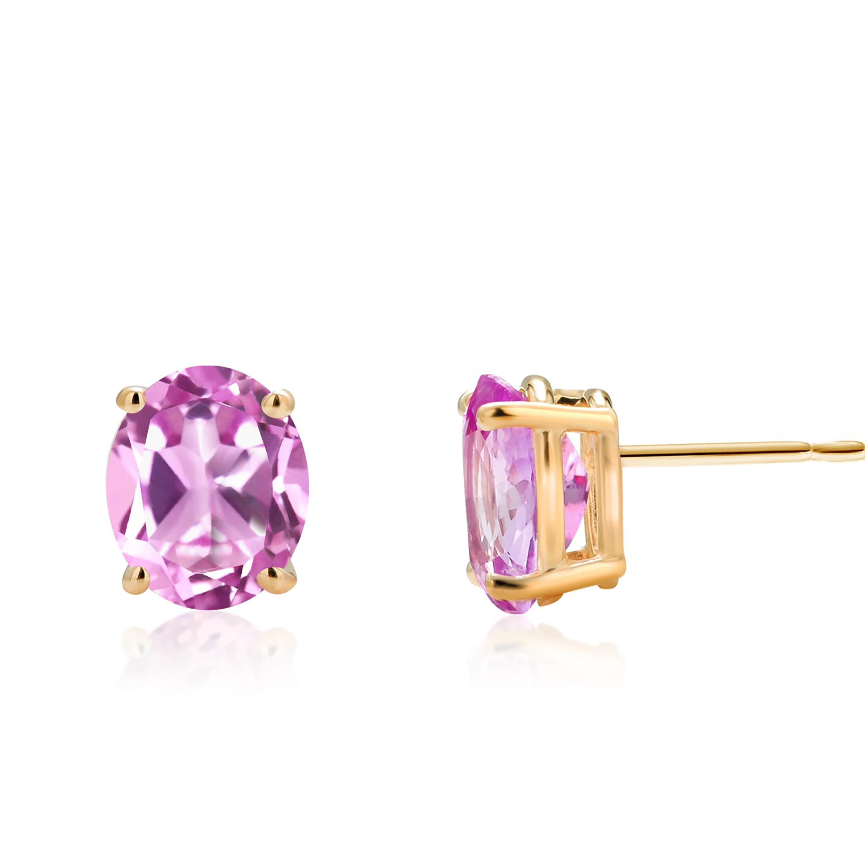 Oval Shaped Mini Ceylon Pink Sapphires Set in Yellow Gold Stud Earrings For Sale