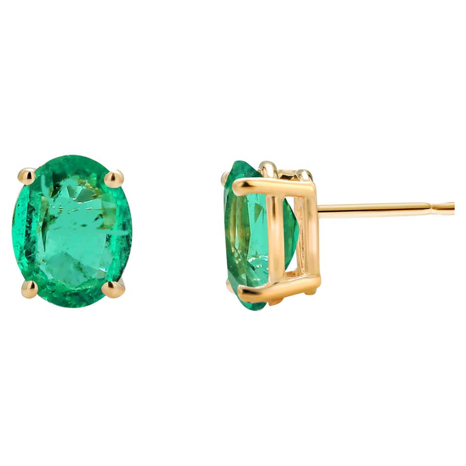Yellow Gold Emerald Cut Colombia Emerald Stud Earrings at 1stDibs