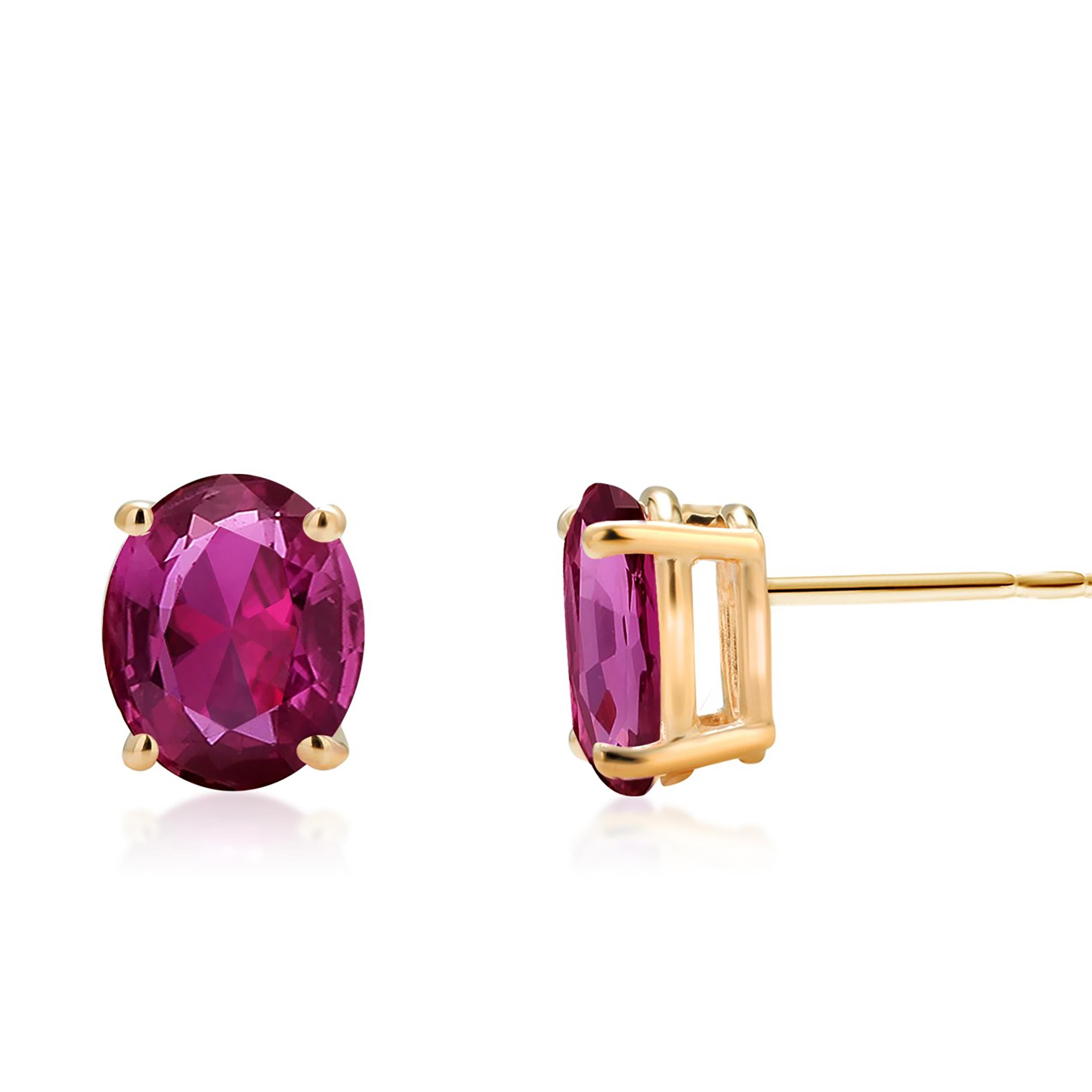 Oval Shaped Mini Rubies Set in Yellow Gold Stud Earrings For Sale 1
