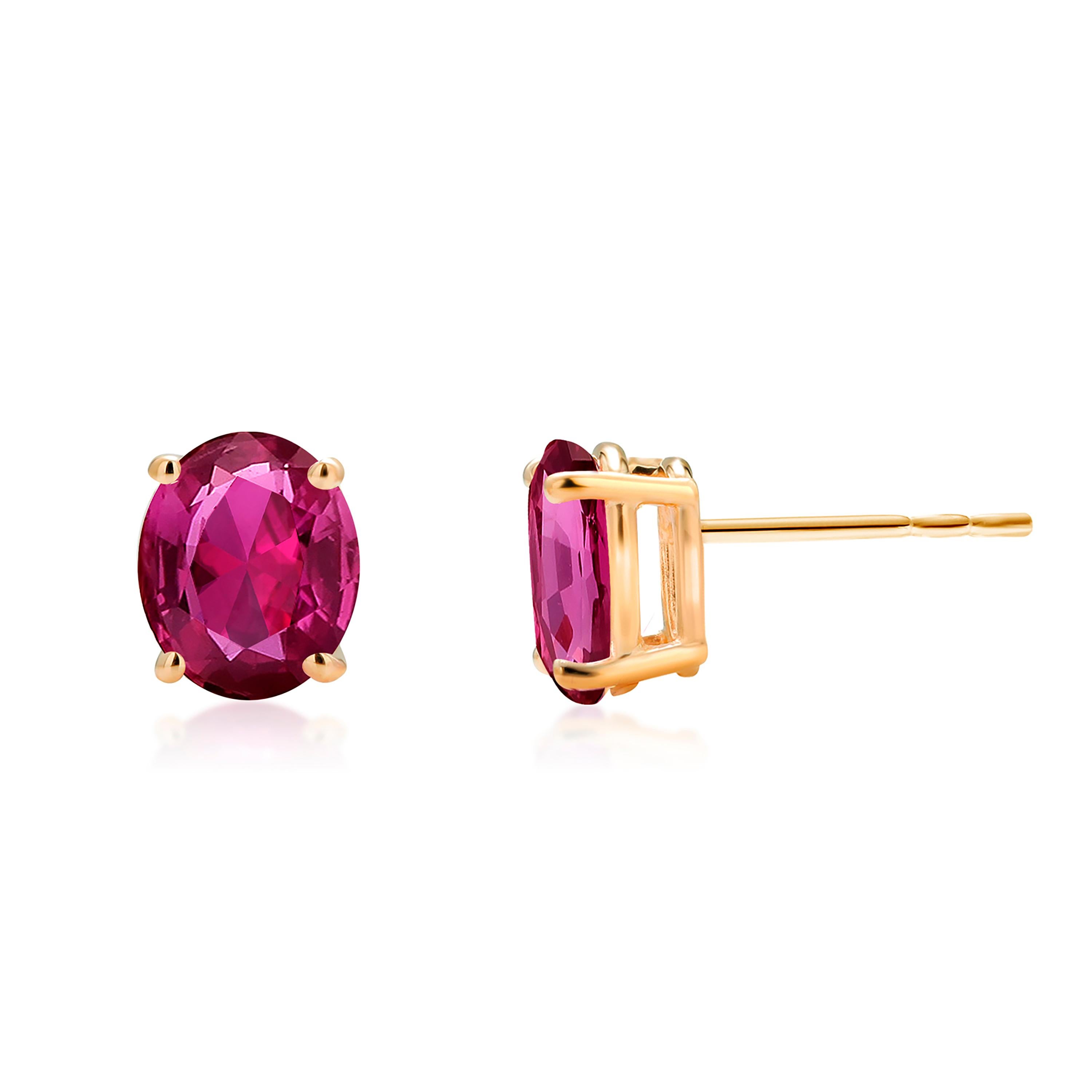 Oval Shaped Mini Rubies Set in Yellow Gold Stud Earrings For Sale 3