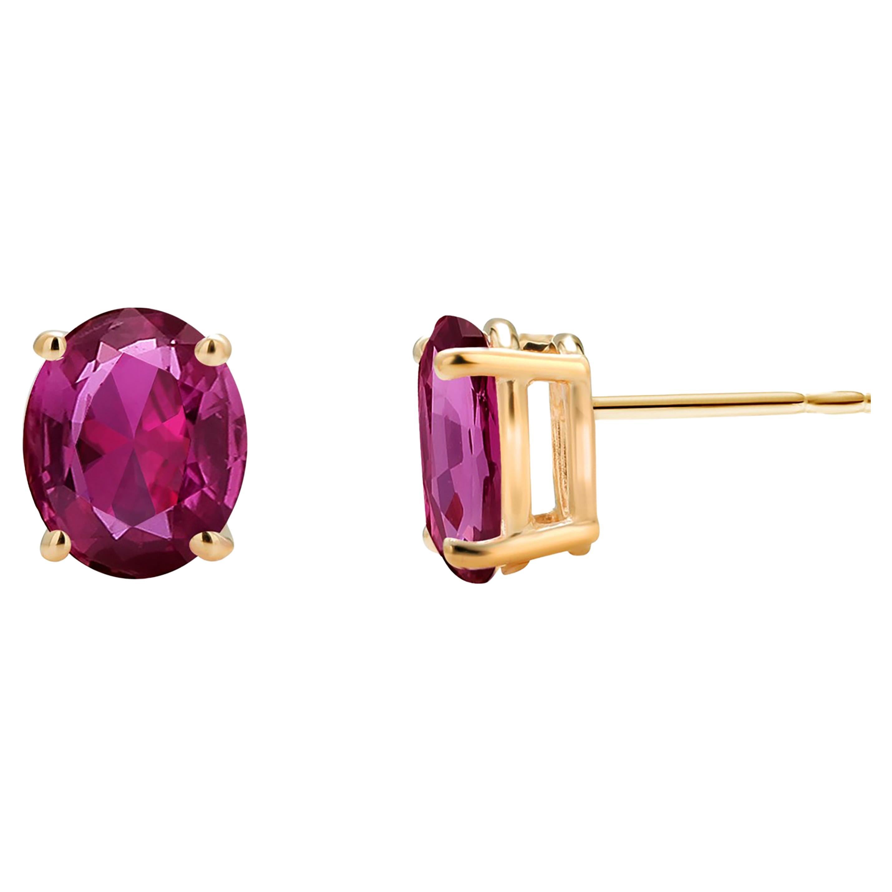 Oval Shaped Mini Rubies Set in Yellow Gold Stud Earrings For Sale
