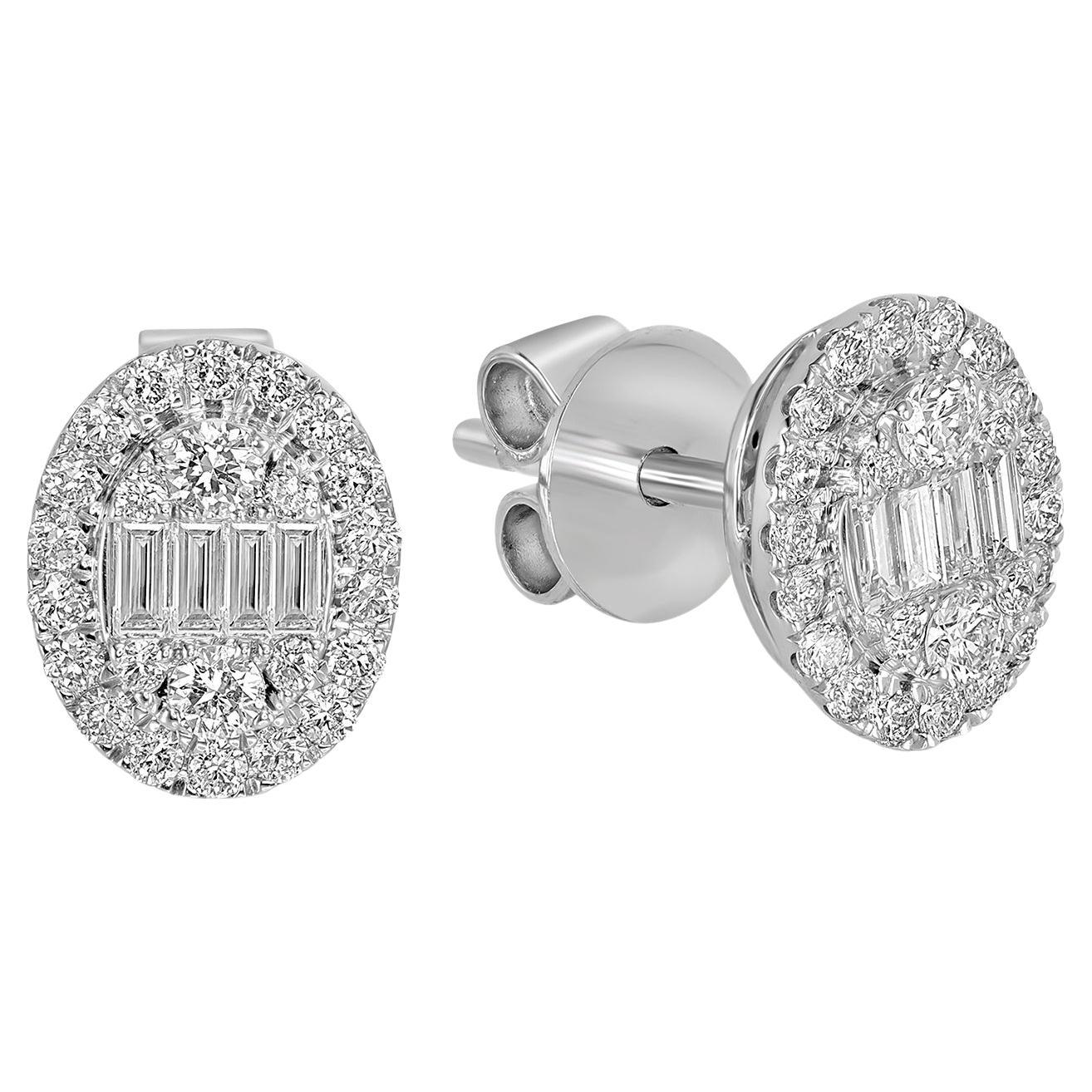 Boucles d'oreilles minimales de forme ovale serties de diamants en or blanc 18 carats