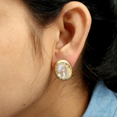 Oval Shaped Moonstone Minimal Stud With Diamonds Made In 14k Yellow Gold