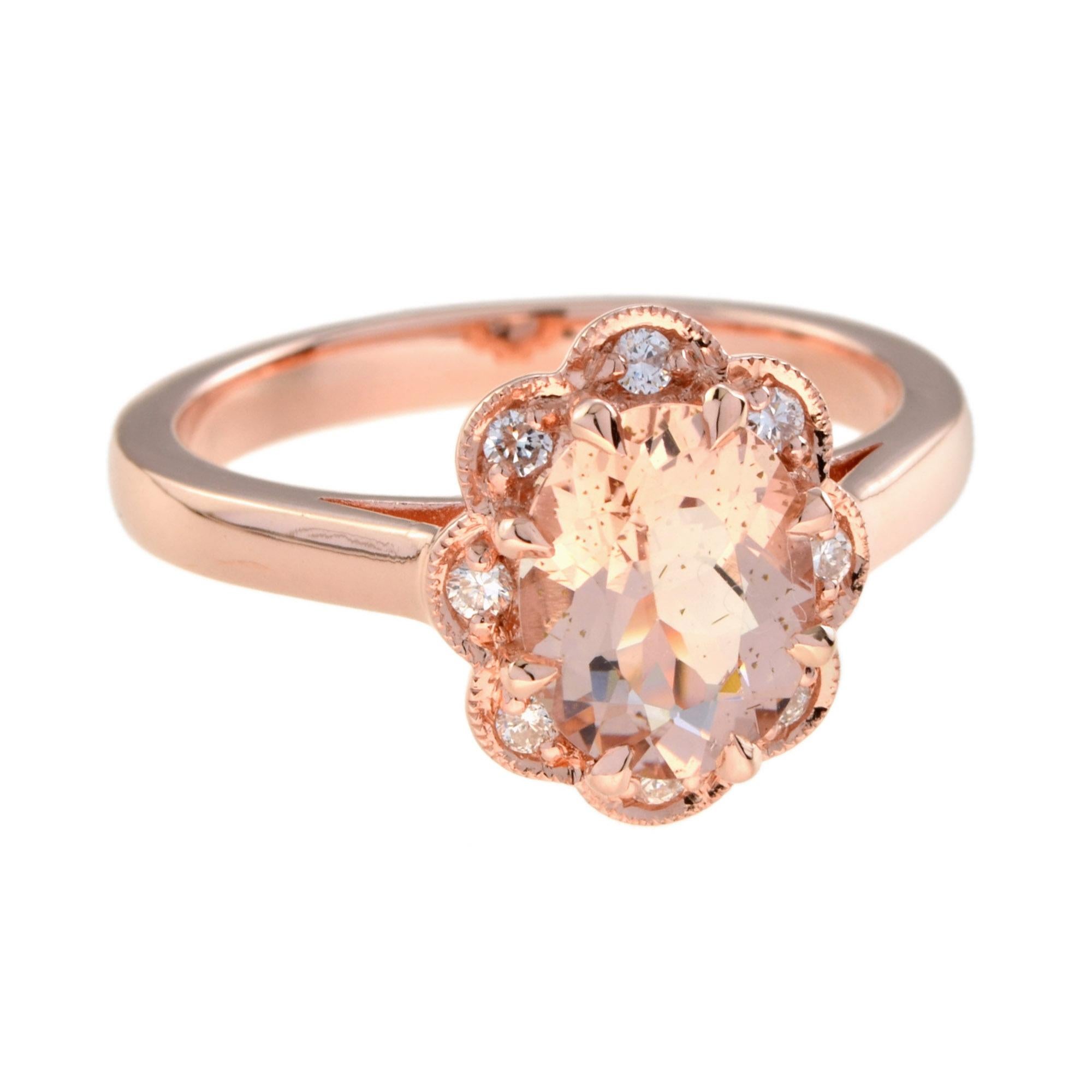 A fabulous 1.8 carat oval morganite immediately catches the eye, sitting at the center of the cluster surrounded by eight diamonds. Adorn yourself with this sweet color jewelry.

Ring Information
Style: Vintage
Metal: 9K Rose Gold
Total weight: 4.03