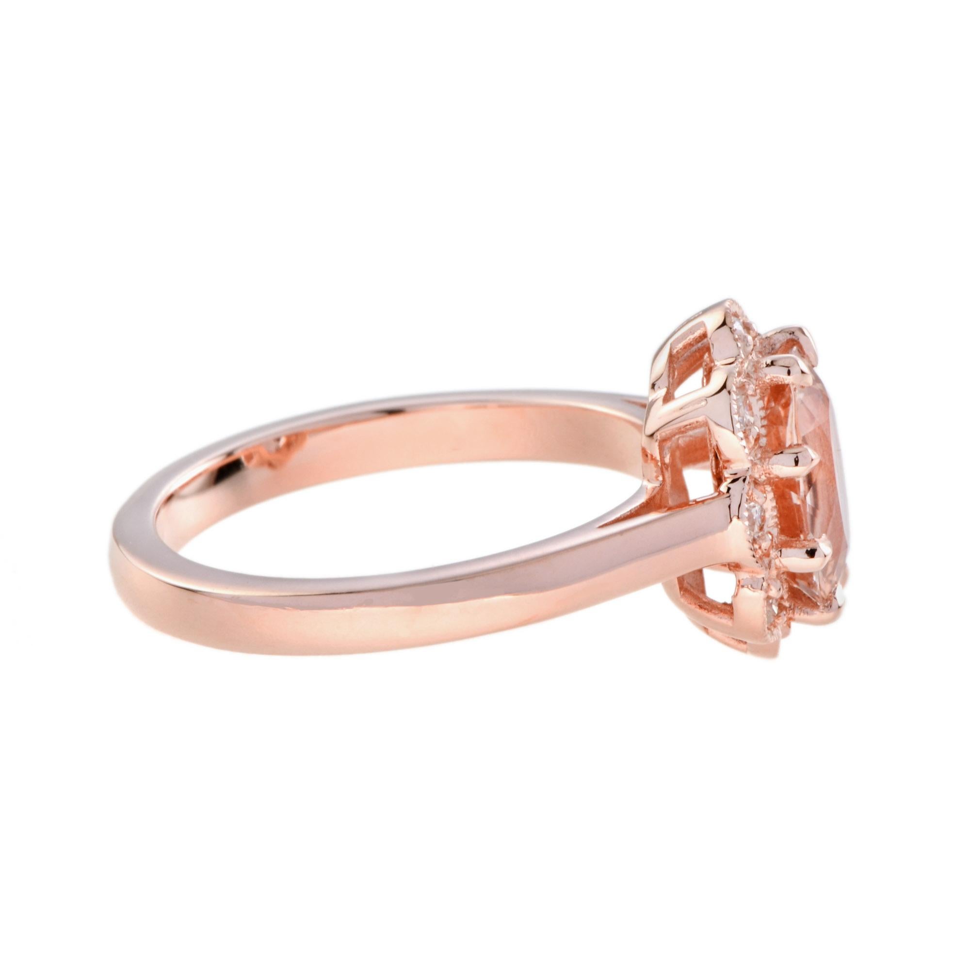 Oval Cut Oval Shaped Morganite and Diamond Halo Vintage Style Ring in 9k Rose Gold For Sale